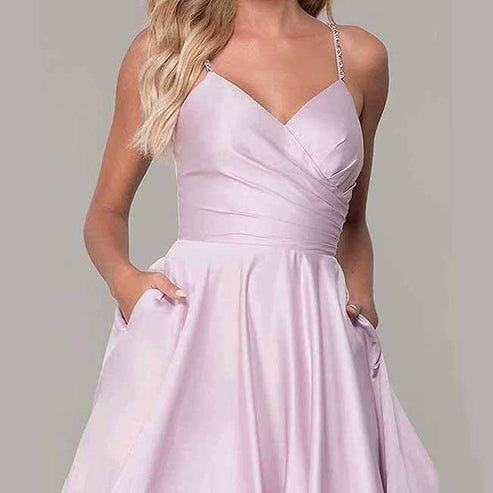 Simple Spaghetti Straps Pink Satin A Line Long Party Dress wedding Guest Dress main image 0