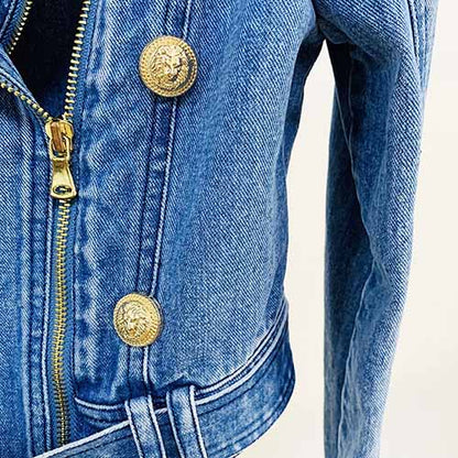 Womens Double Zipper Button Down Denim Biker Jacket