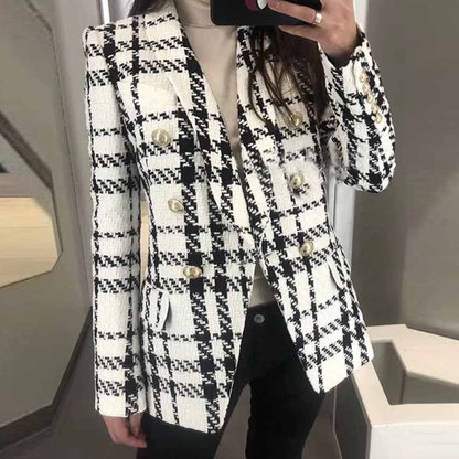 Fashion Lion Button Checker Tweed Wool Double Breasted Plaid Blazer