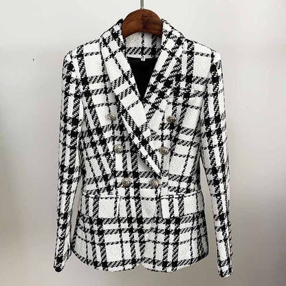 Fashion Lion Button Checker Tweed Wool Double Breasted Plaid Blazer