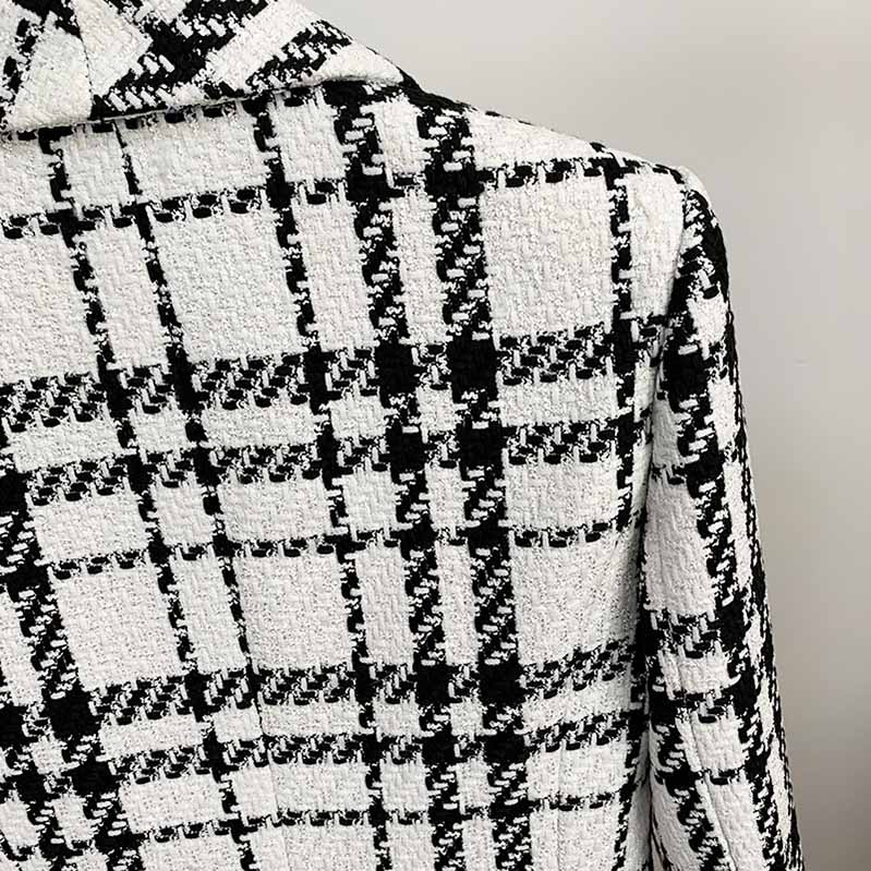 Fashion Lion Button Checker Tweed Wool Double Breasted Plaid Blazer