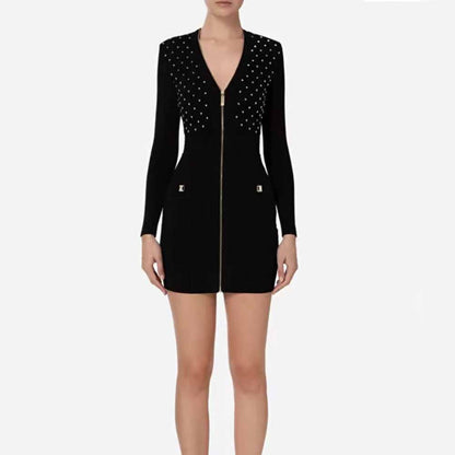 Women's long sleeve knitted minidress zipper elegant dress
