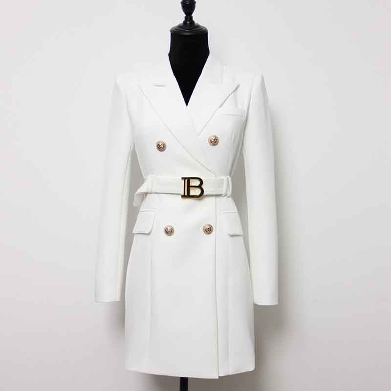 Ladies Belted Double Breasted Blazer Dress Long Sleeves Coat