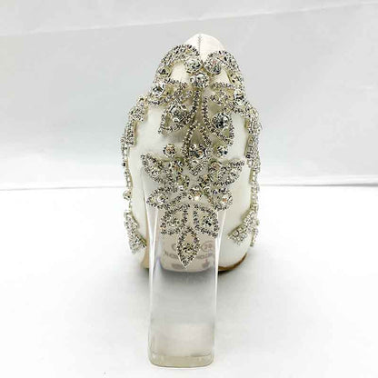 sd-hk Satin Silk Shoes Bride Clear Heels Crystal Pumps Prom Party Wear