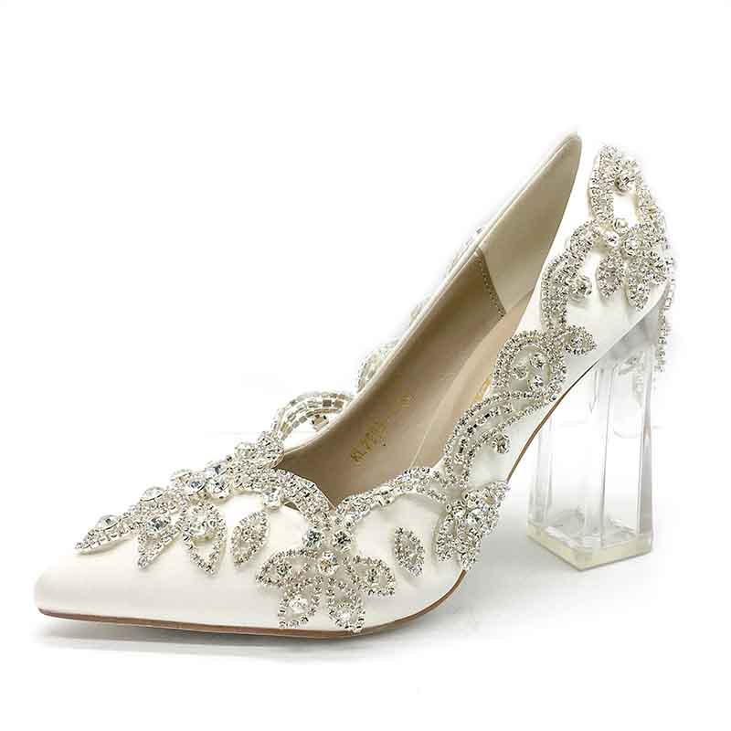 sd-hk Satin Silk Shoes Bride Clear Heels Crystal Pumps Prom Party Wear