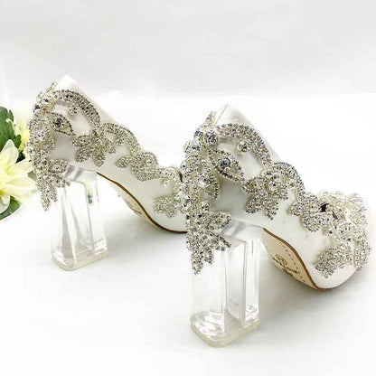 sd-hk Satin Silk Shoes Bride Clear Heels Crystal Pumps Prom Party Wear