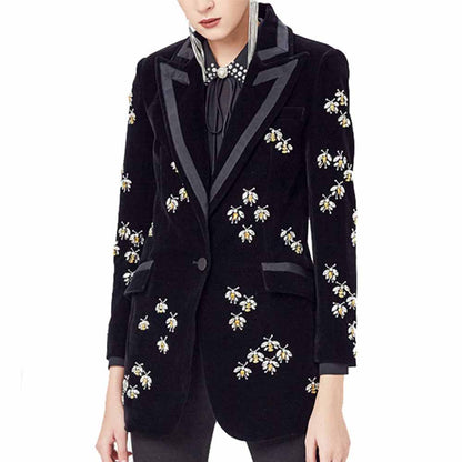 Women Black Diamond-studded blazer Crystal Cashmere Jacket