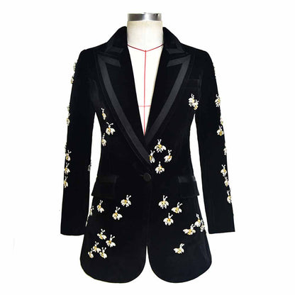 Women Black Diamond-studded blazer Crystal Cashmere Jacket