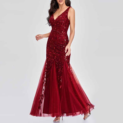 Women's Double V-Neck Sleeveless Mermaid Dress Evening Maxi Dress