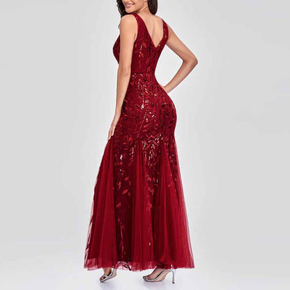 Women's Double V-Neck Sleeveless Mermaid Dress Evening Maxi Dress