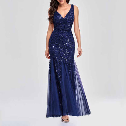 Women's Double V-Neck Sleeveless Mermaid Dress Evening Maxi Dress