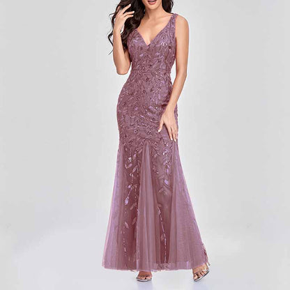 Women's Double V-Neck Sleeveless Mermaid Dress Evening Maxi Dress