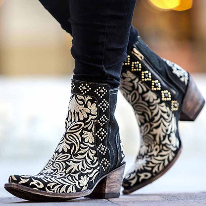 Womens Embroidered Floral Snip Toe Boots Ankle Low Heel Boot