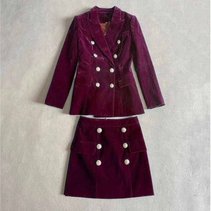 Women formal business suit velvet double-breasted skirt suit