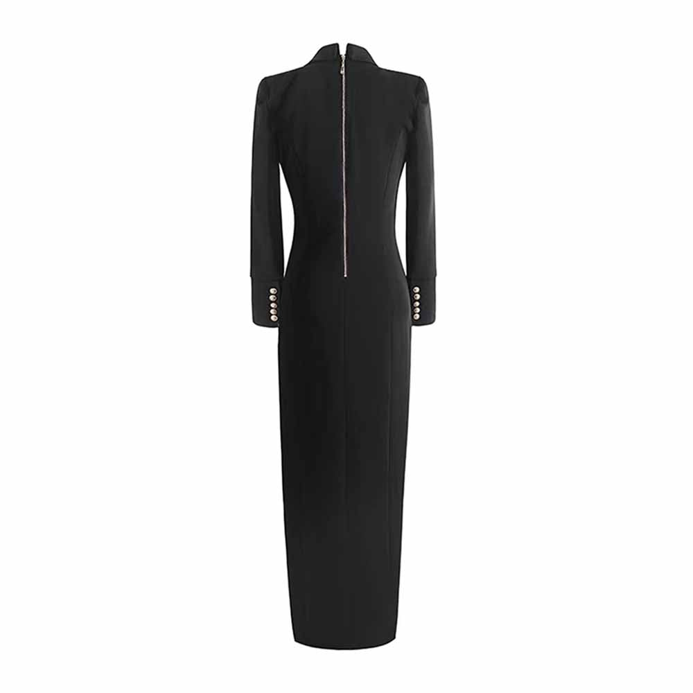 Women Deep V Long Sleeve Maxi Dress in Black