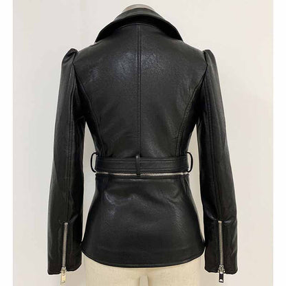 Women Black Lace Up Leather Jacket Moto Biker Blazer With Zipper