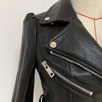 Women Black Lace Up Leather Jacket Moto Biker Blazer With Zipper