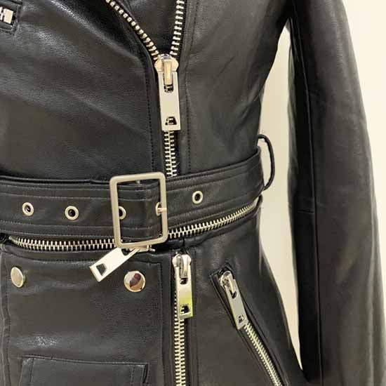 Women Black Lace Up Leather Jacket Moto Biker Blazer With Zipper