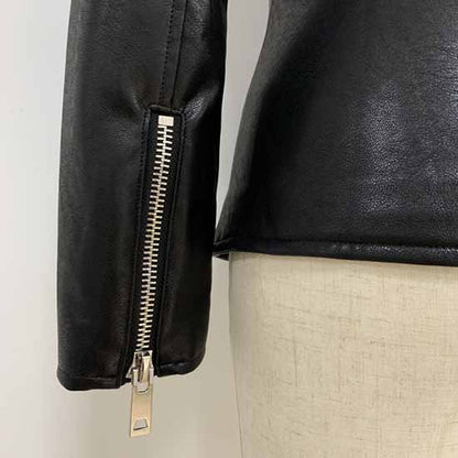 Women Black Lace Up Leather Jacket Moto Biker Blazer With Zipper