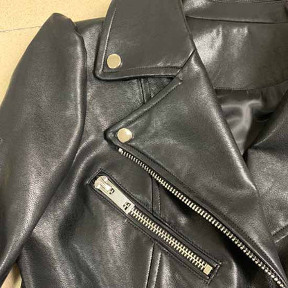 Women Black Lace Up Leather Jacket Moto Biker Blazer With Zipper