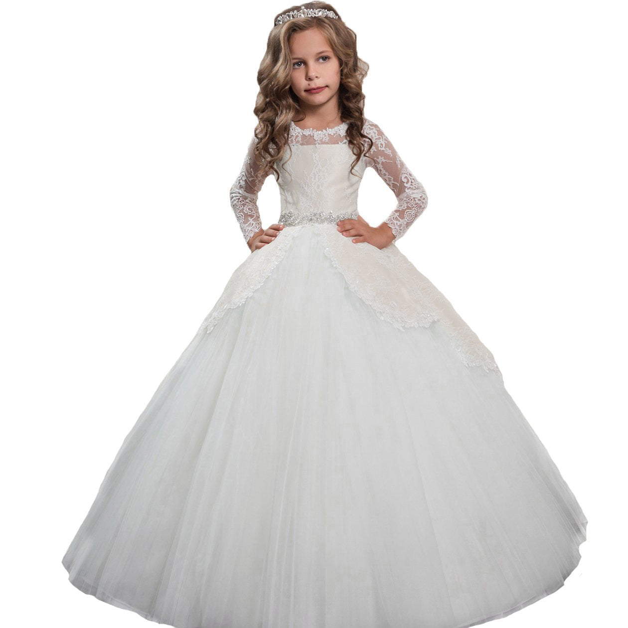 Lace Embroidery Sheer Long Sleeves Kids Trailing Gowns Flow Dress