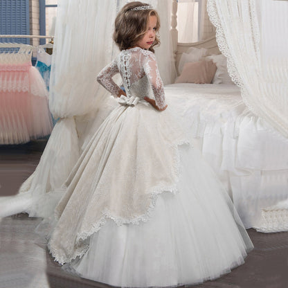 Lace Embroidery Sheer Long Sleeves Kids Trailing Gowns Flow Dress