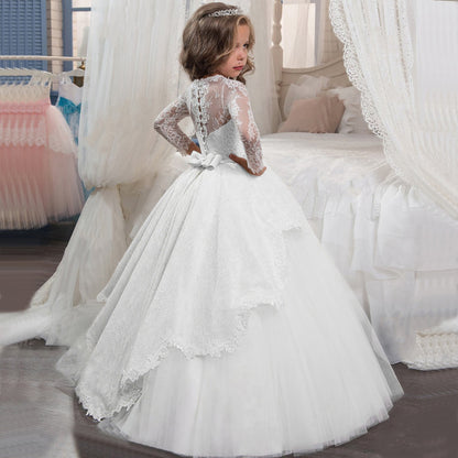 Lace Embroidery Sheer Long Sleeves Kids Trailing Gowns Flow Dress