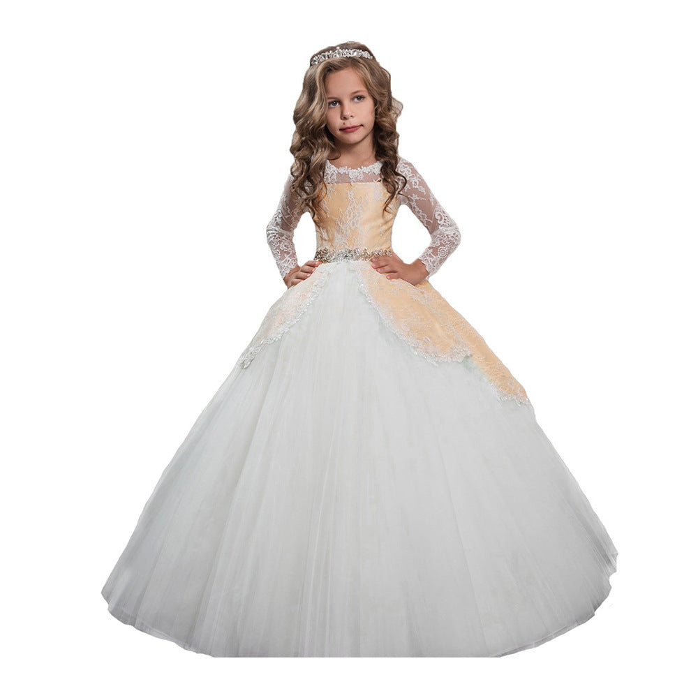 Lace Embroidery Sheer Long Sleeves Kids Trailing Gowns Flow Dress
