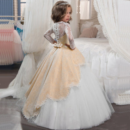 Lace Embroidery Sheer Long Sleeves Kids Trailing Gowns Flow Dress