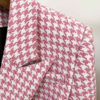 Women's Pink White Tweed Houndstooth Luxury Fitted Double Breasted Blazer Coat