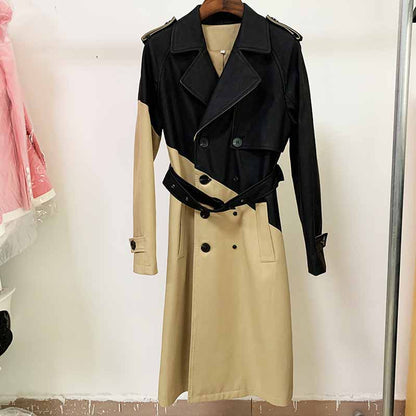 Women's Khaki & Black Trench Coats Double Breasted Outwear Coat With Belt