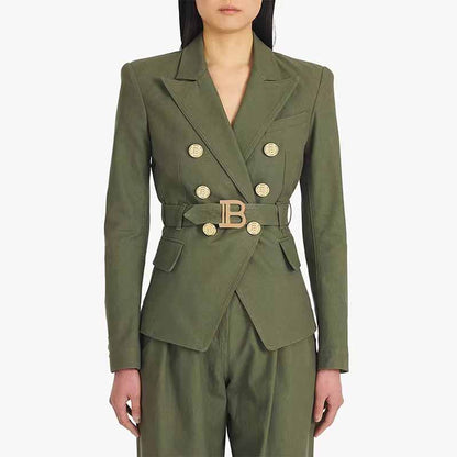 Women's Army Green Pantsuit +High Waisted Two Piece Pants Set Suits With Belt