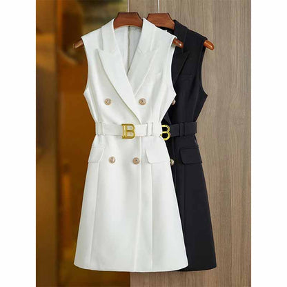 Womens belted sleeveless blazer mini dress double breasted dress