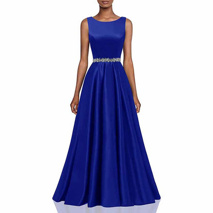 Women Long Prom Dress Satin A-Line with Beaded Belt Formal Evening Gown