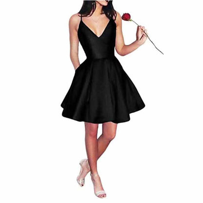 Womens Short Homecoming Dress Satin Spaghetti Strap Formal Prom Dress with Pockets