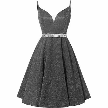 Girls Spaghetti Short Satin Prom Dress V-Neck Beaded Homecoming Evening Party Gowns