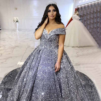 Ball Gown Sleeveless Off-the-Shoulder Court Train Sequin Metallic Dresses With Tail