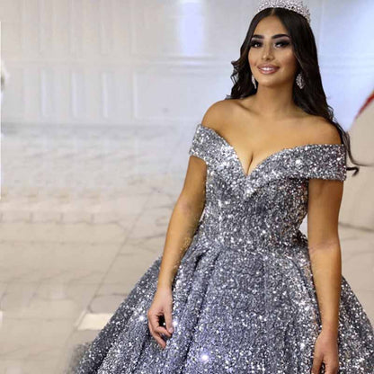 Ball Gown Sleeveless Off-the-Shoulder Court Train Sequin Metallic Dresses With Tail