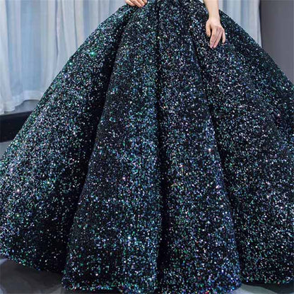 Ball Gown Sleeveless Off-the-Shoulder Court Train Sequin Metallic Dresses With Tail