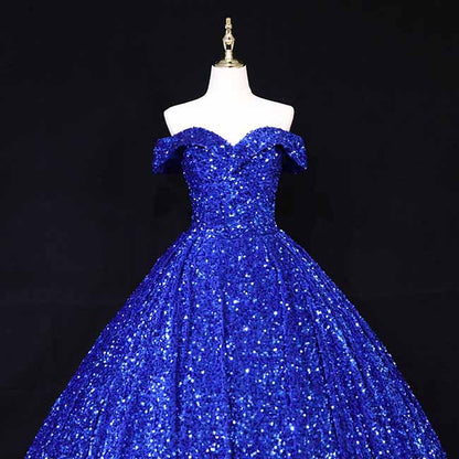 Ball Gown Sleeveless Off-the-Shoulder Court Train Sequin Metallic Dresses With Tail