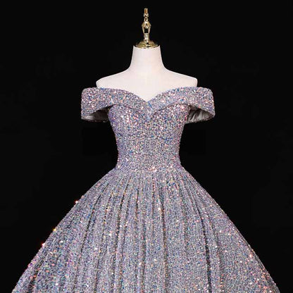 Ball Gown Sleeveless Off-the-Shoulder Court Train Sequin Metallic Dresses With Tail