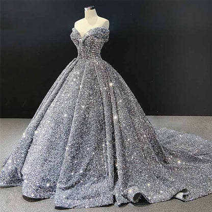 Ball Gown Sleeveless Off-the-Shoulder Court Train Sequin Metallic Dresses With Tail
