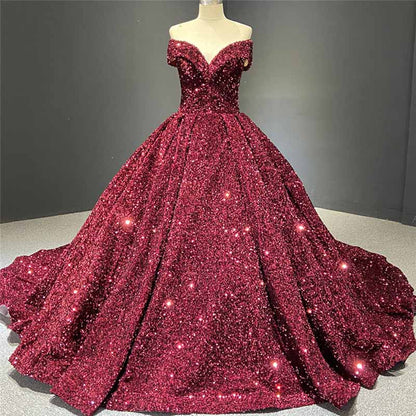 Ball Gown Sleeveless Off-the-Shoulder Court Train Sequin Metallic Dresses With Tail