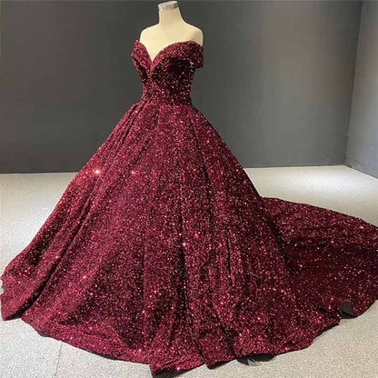 Ball Gown Sleeveless Off-the-Shoulder Court Train Sequin Metallic Dresses With Tail