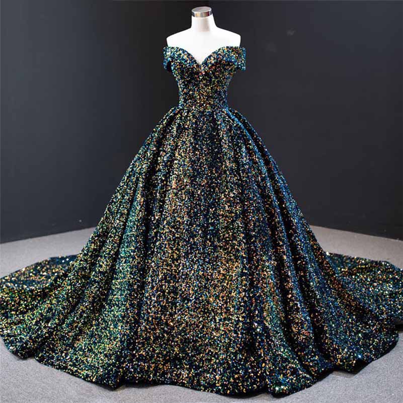 Ball Gown Sleeveless Off-the-Shoulder Court Train Sequin Metallic Dresses With Tail