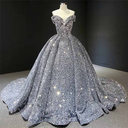 Ball Gown Sleeveless Off-the-Shoulder Court Train Sequin Metallic Dresses With Tail