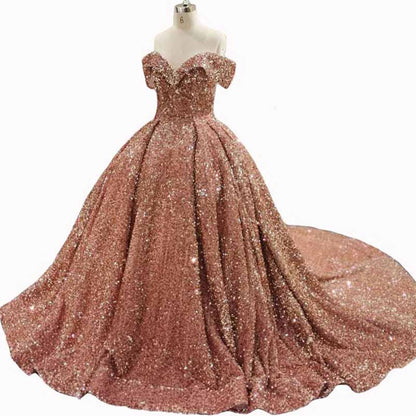 Ball Gown Sleeveless Off-the-Shoulder Court Train Sequin Metallic Dresses With Tail