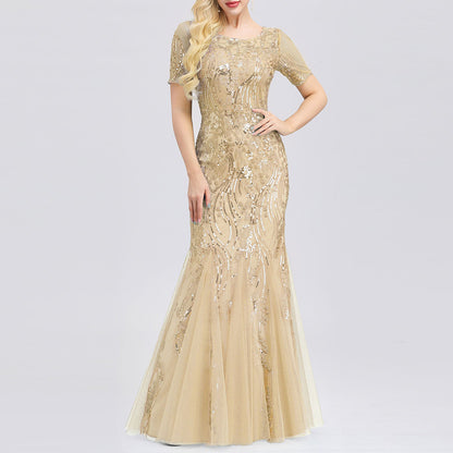 Women Maxi Sequin Bridesmaid Prom Dresses O Neck Half sleeve Party Dress