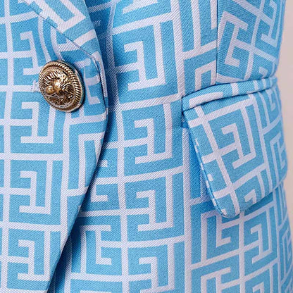 Women's Blue Blazer Labyrinth Pattern Jacket Coats with Gold Buttons