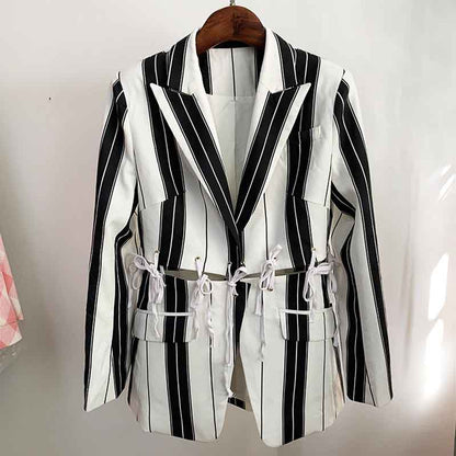 Women's Black and White Striped Pants Suit